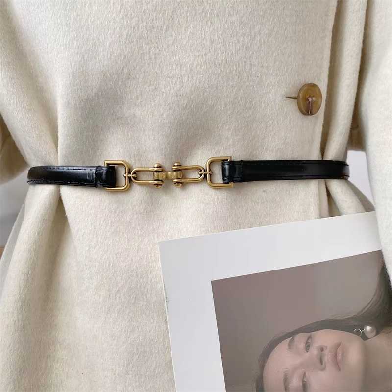 Vintage Double Buckle Skinny Thin Belt Classic PU Leather Waistband for Women