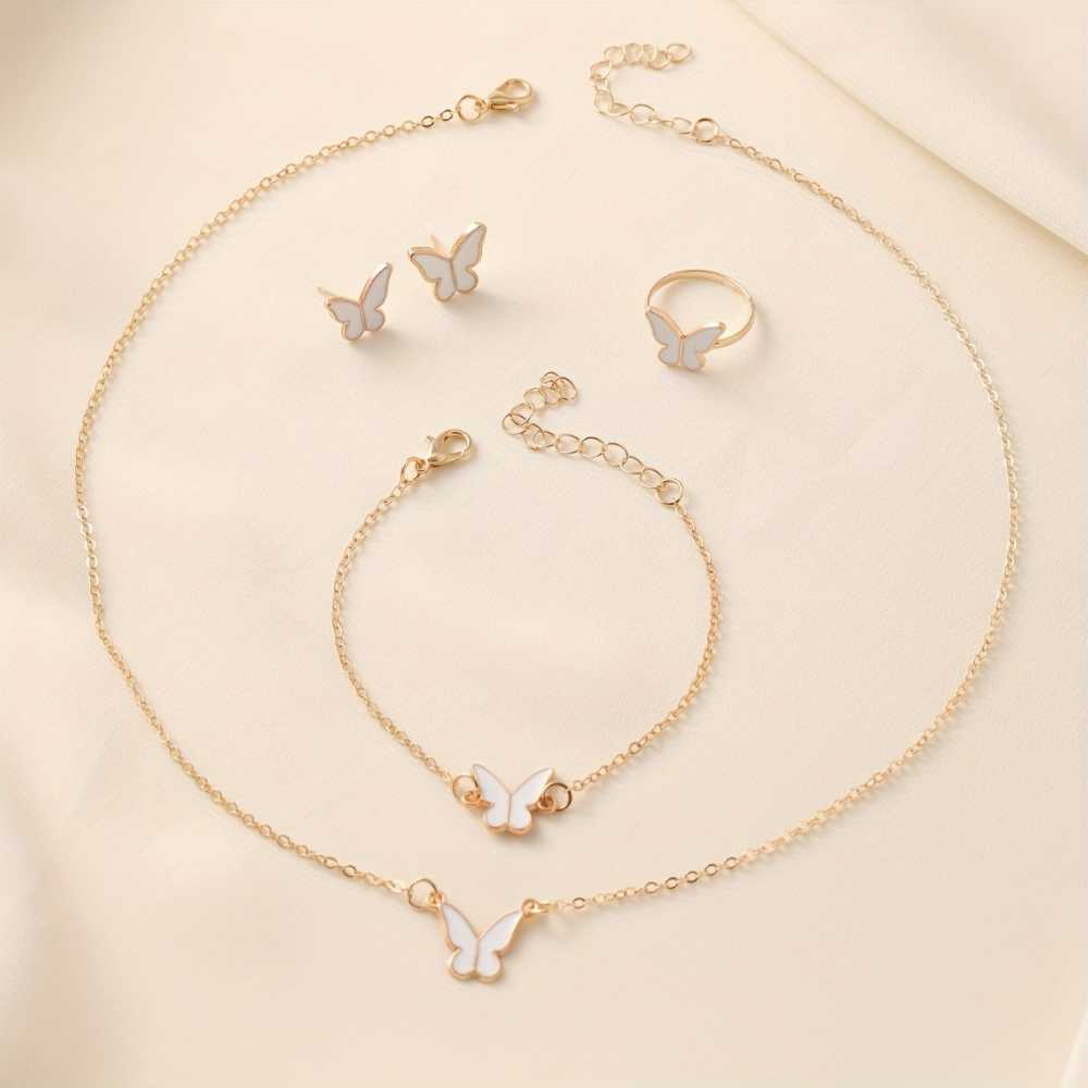 Women's Gold Plated Fashion White Butterfly Glazed 4Pcs Jewelry Set