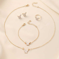 Women's Gold Plated Fashion White Butterfly Glazed 4Pcs Jewelry Set