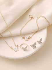 Women's Gold Plated Fashion White Butterfly Glazed 4Pcs Jewelry Set