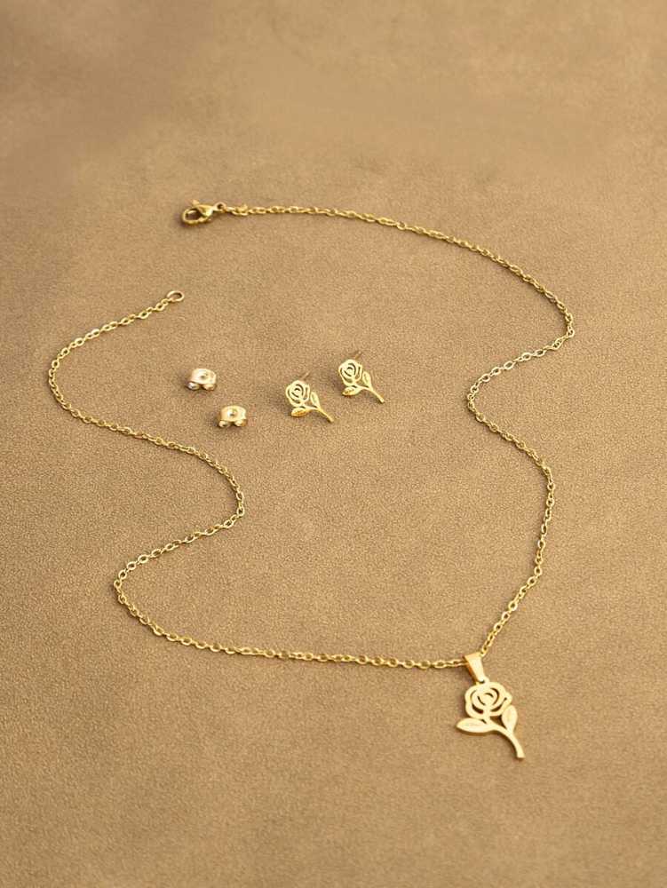 Women's  Gold Plated Rose Flower Necklace and Earrings Set