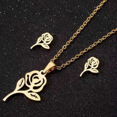 Women's  Gold Plated Rose Flower Necklace and Earrings Set