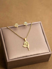 Women's  Gold Plated Rose Flower Necklace and Earrings Set