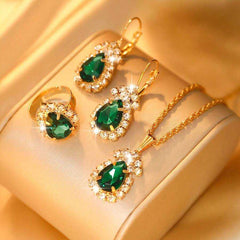 Water Drop Shape Jewelry Set Pendant Necklace Earrings Ring Zirconia Gift