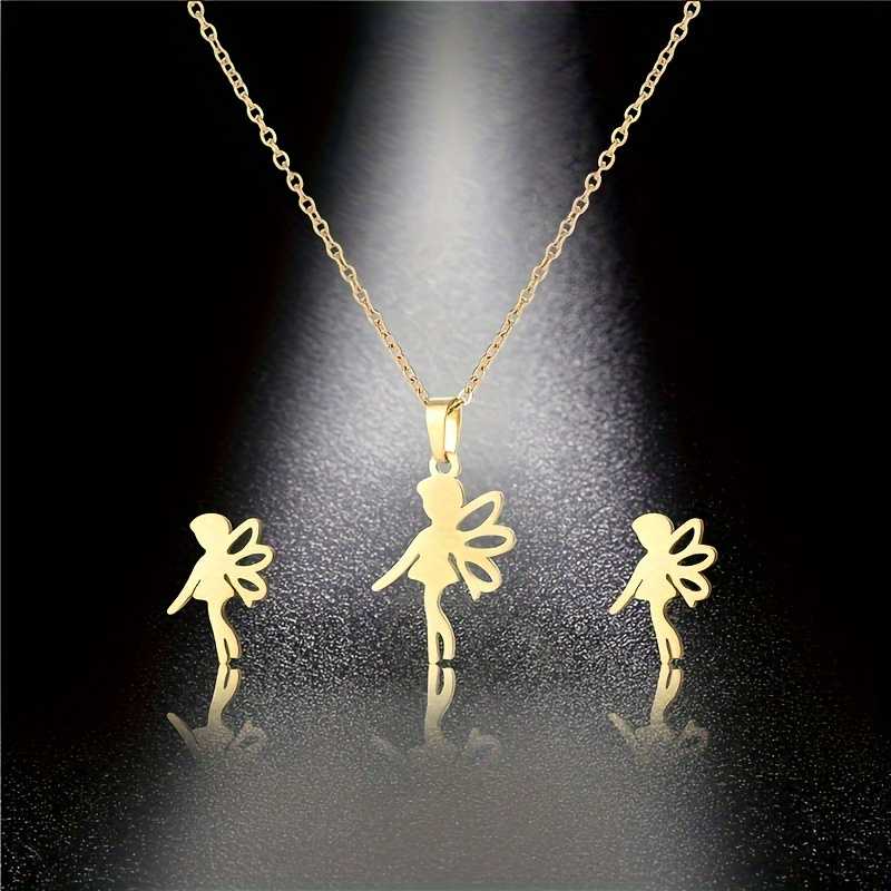 Gold Plated Stainless Steel Angel Pendant Necklace and Earrings Set