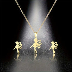 Gold Plated Stainless Steel Angel Pendant Necklace and Earrings Set