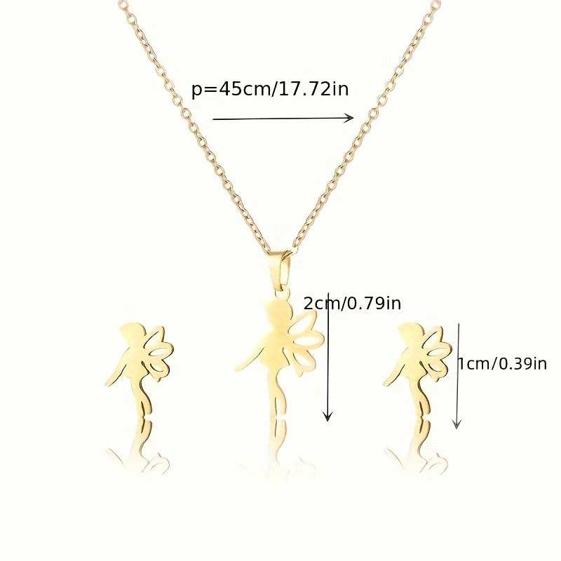 Gold Plated Stainless Steel Angel Pendant Necklace and Earrings Set
