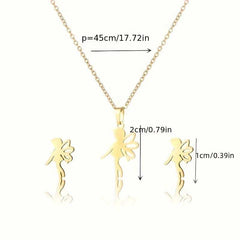 Gold Plated Stainless Steel Angel Pendant Necklace and Earrings Set
