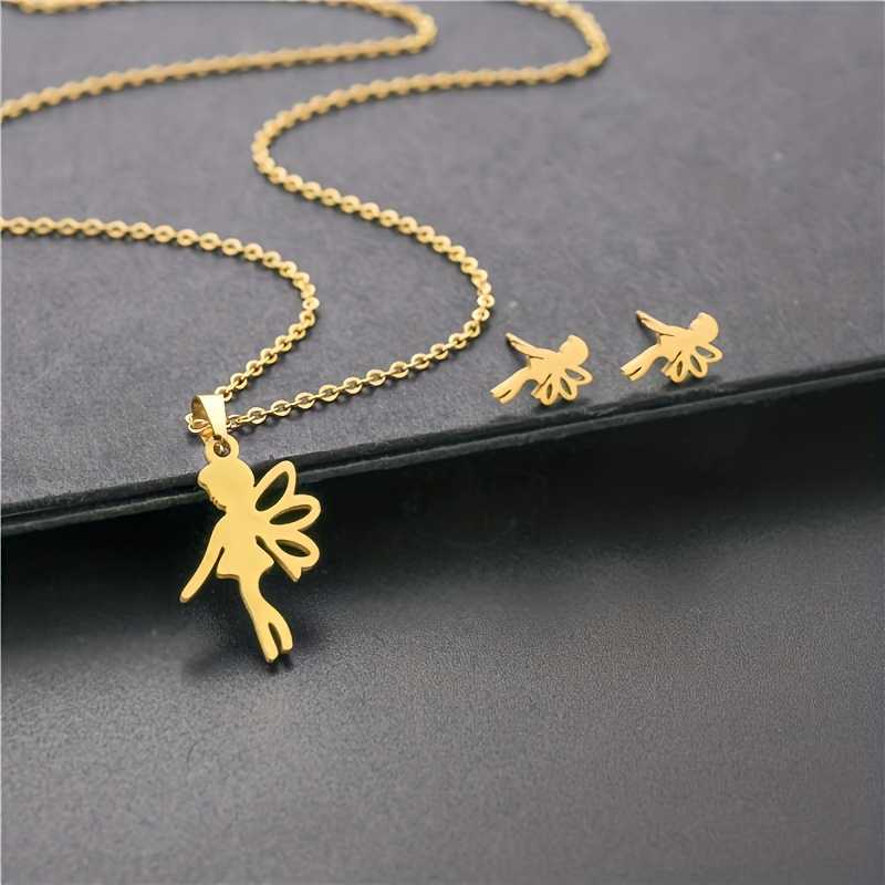 Gold Plated Stainless Steel Angel Pendant Necklace and Earrings Set