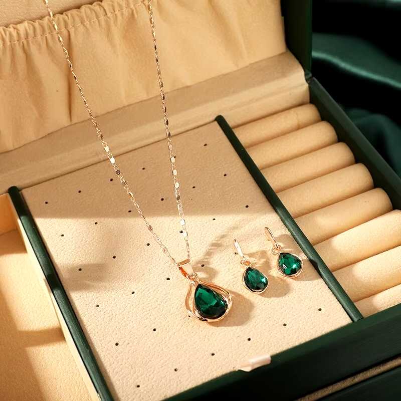 Water Drop Shape Pendant Necklace and Drop Earrings Set for Women