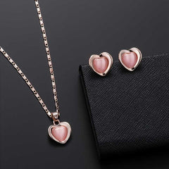 Peach Heart Faux Cat Eye Stone Pendant Necklace Jewelry Set Gift for Loved Ones
