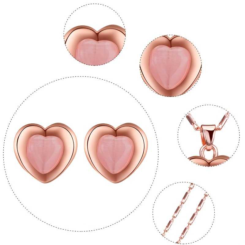 Peach Heart Faux Cat Eye Stone Pendant Necklace Jewelry Set Gift for Loved Ones