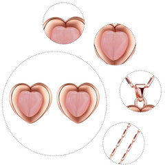 Peach Heart Faux Cat Eye Stone Pendant Necklace Jewelry Set Gift for Loved Ones