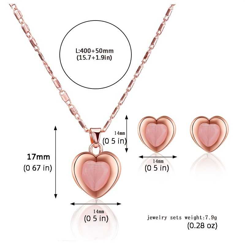 Peach Heart Faux Cat Eye Stone Pendant Necklace Jewelry Set Gift for Loved Ones