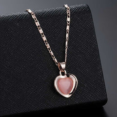 Peach Heart Faux Cat Eye Stone Pendant Necklace Jewelry Set Gift for Loved Ones