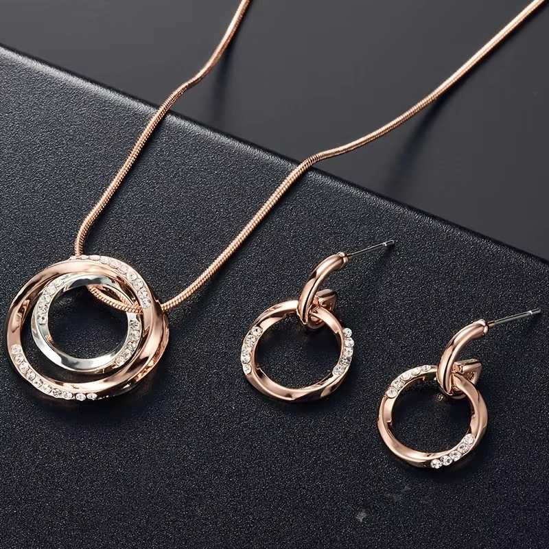 Simple Circle Jewelry Set with Rhinestones Pendant Necklace & Earrings