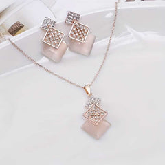 Rhombus Geometric Pendant Necklace and Rhinestone Earrings Luxury Gift