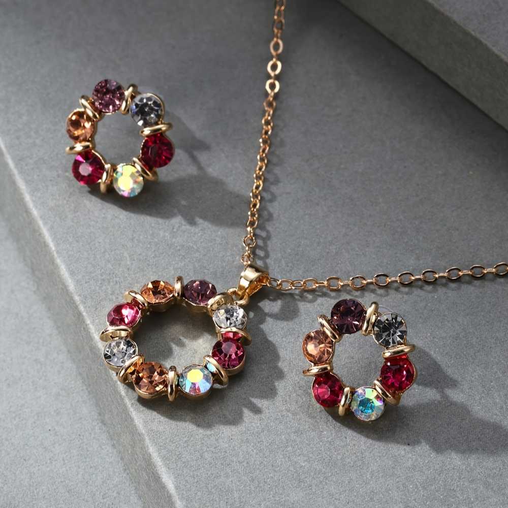 Women's Gold Plated Jewelry Set with Colorful Rhinestones & Hollow Circle Design