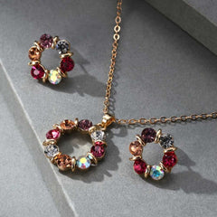 Women's Gold Plated Jewelry Set with Colorful Rhinestones & Hollow Circle Design