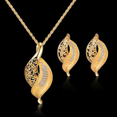 Hollow Leaf Shape Jewelry Set with Rhinestones Pendant Necklace & Earrings