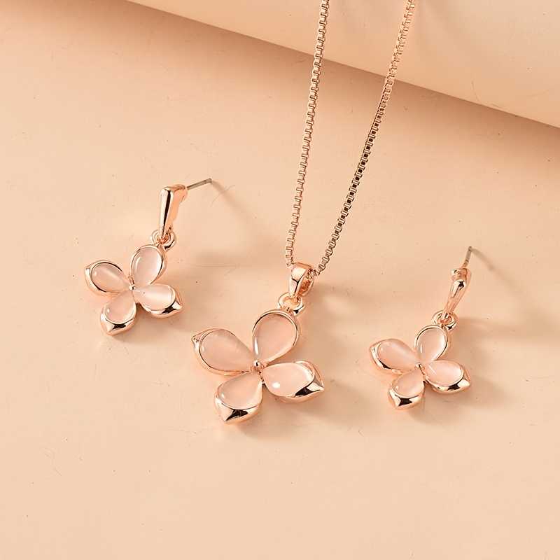 Delicate Pink Four Leaf Clover Opal Pendant Necklace & Earrings Set