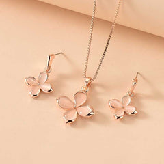 Delicate Pink Four Leaf Clover Opal Pendant Necklace & Earrings Set
