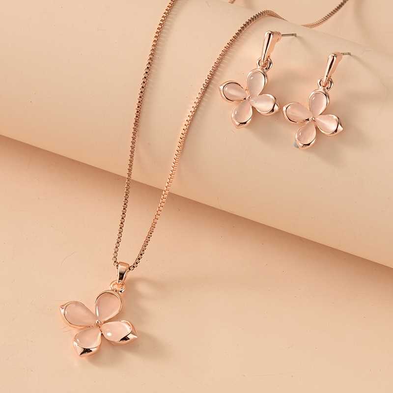 Delicate Pink Four Leaf Clover Opal Pendant Necklace & Earrings Set