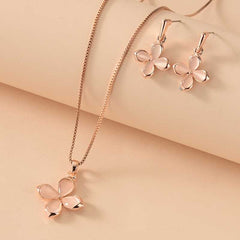 Delicate Pink Four Leaf Clover Opal Pendant Necklace & Earrings Set