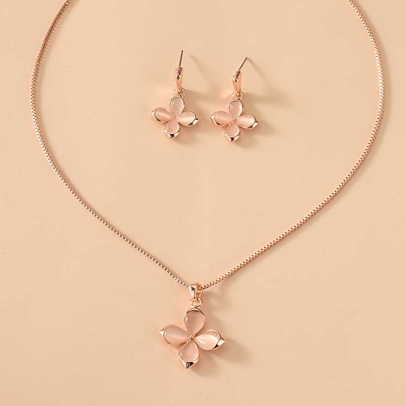 Delicate Pink Four Leaf Clover Opal Pendant Necklace & Earrings Set