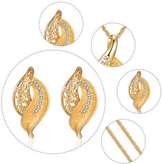 Hollow Leaf Shape Jewelry Set with Rhinestones Pendant Necklace & Earrings