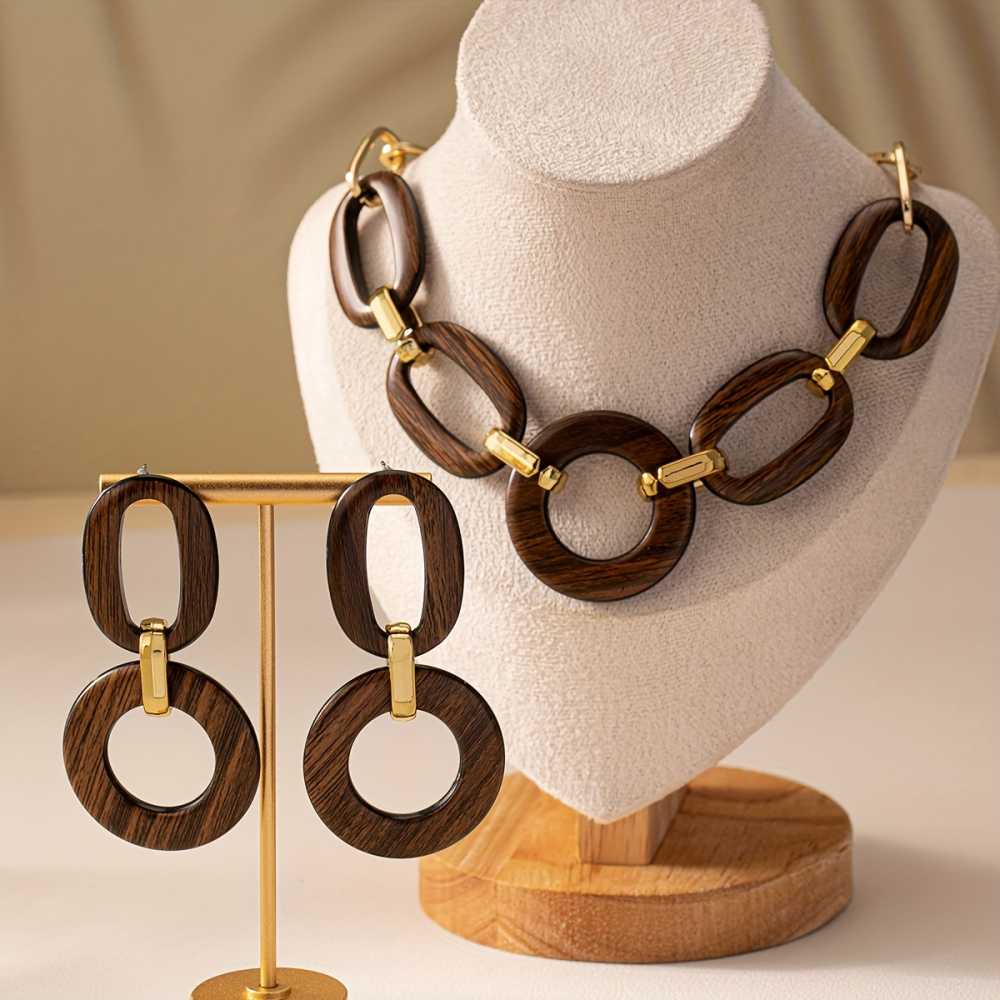 Vintage Boho Wooden Jewelry Set Matte Finish Necklace & Earrings