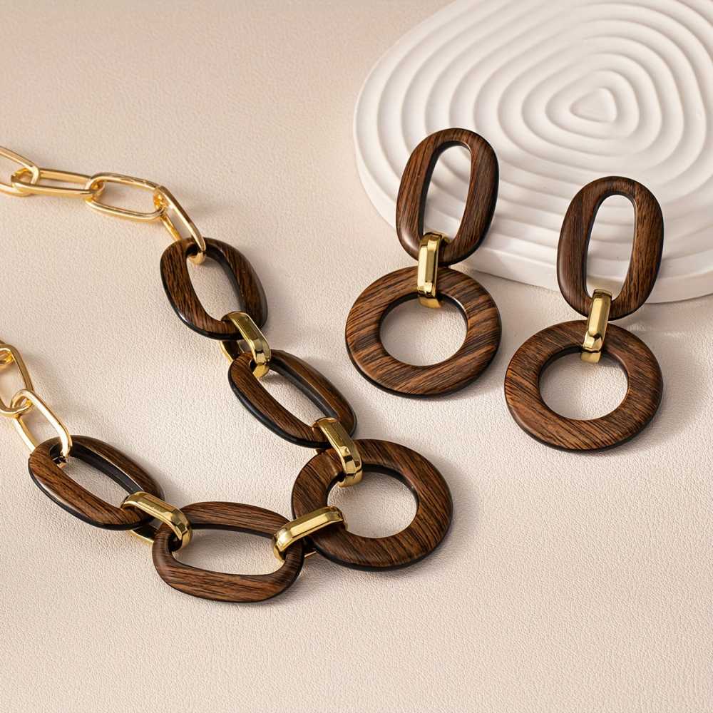 Vintage Boho Wooden Jewelry Set Matte Finish Necklace & Earrings