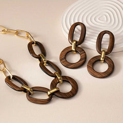 Vintage Boho Wooden Jewelry Set Matte Finish Necklace & Earrings