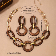 Vintage Boho Wooden Jewelry Set Matte Finish Necklace & Earrings