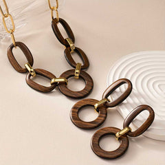 Vintage Boho Wooden Jewelry Set Matte Finish Necklace & Earrings