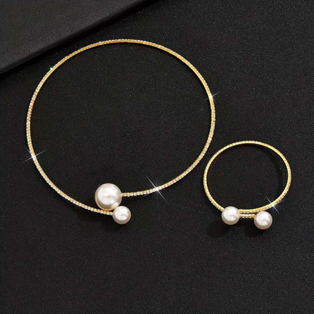 Minimalist Gold Plated Jewelry Set Earrings Collar Bangle Spherical Stone
