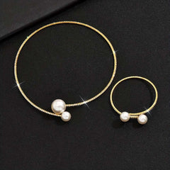 Minimalist Gold Plated Jewelry Set Earrings Collar Bangle Spherical Stone