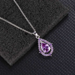 Amethyst Water Drop Zirconia Pendant Necklace and Earrings Set Silver