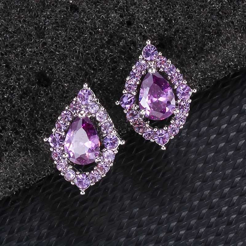 Amethyst Water Drop Zirconia Pendant Necklace and Earrings Set Silver