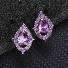 Amethyst Water Drop Zirconia Pendant Necklace and Earrings Set Silver