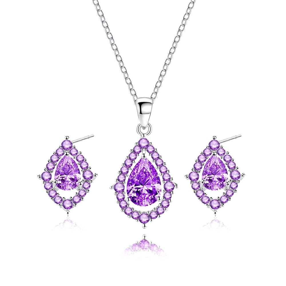 Amethyst Water Drop Zirconia Pendant Necklace and Earrings Set Silver