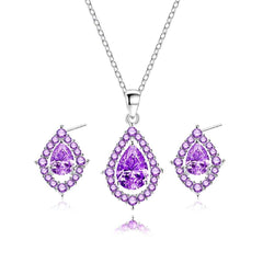 Amethyst Water Drop Zirconia Pendant Necklace and Earrings Set Silver