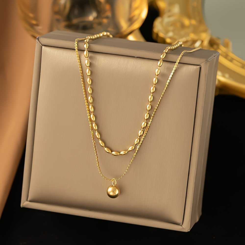 Layered Minimalist Gold Bead Pendant Necklace and Earrings Set 18K Plated