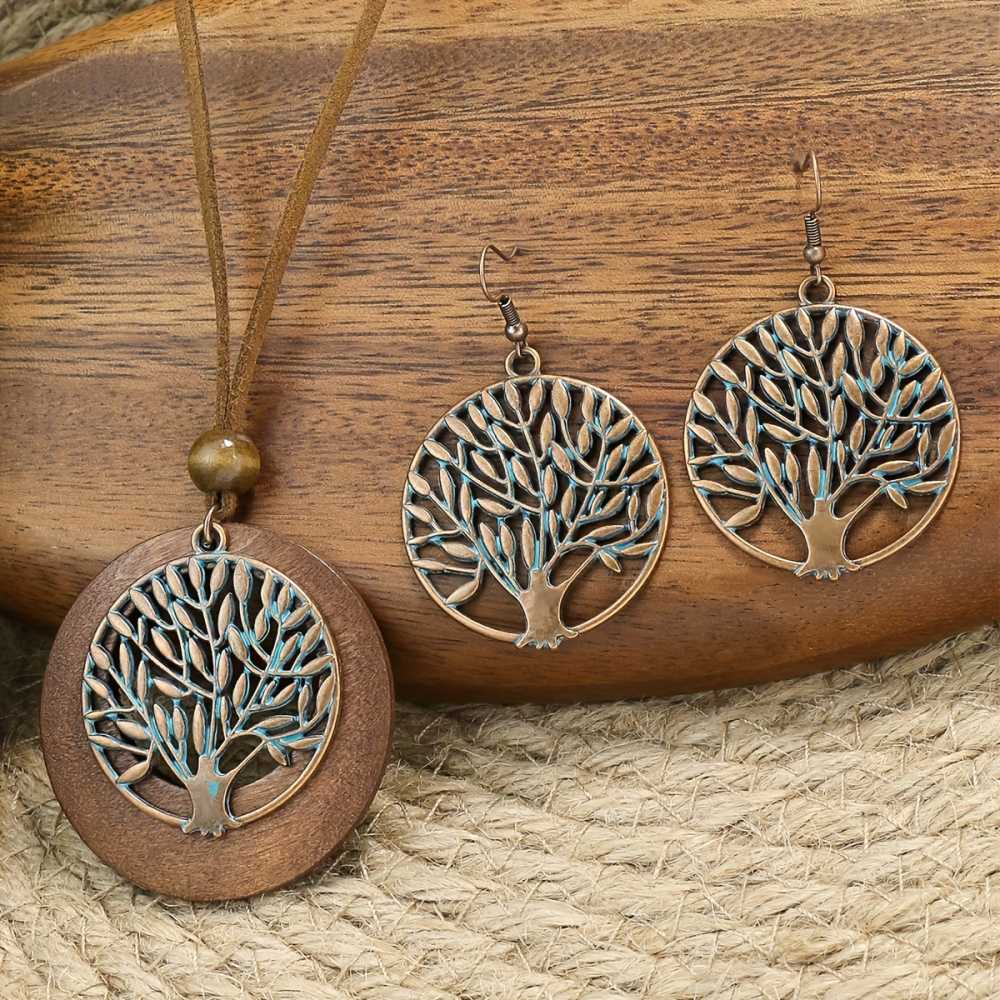 Boho Style Tree of Life Jewelry Set Earrings and Necklace for Daily Wear