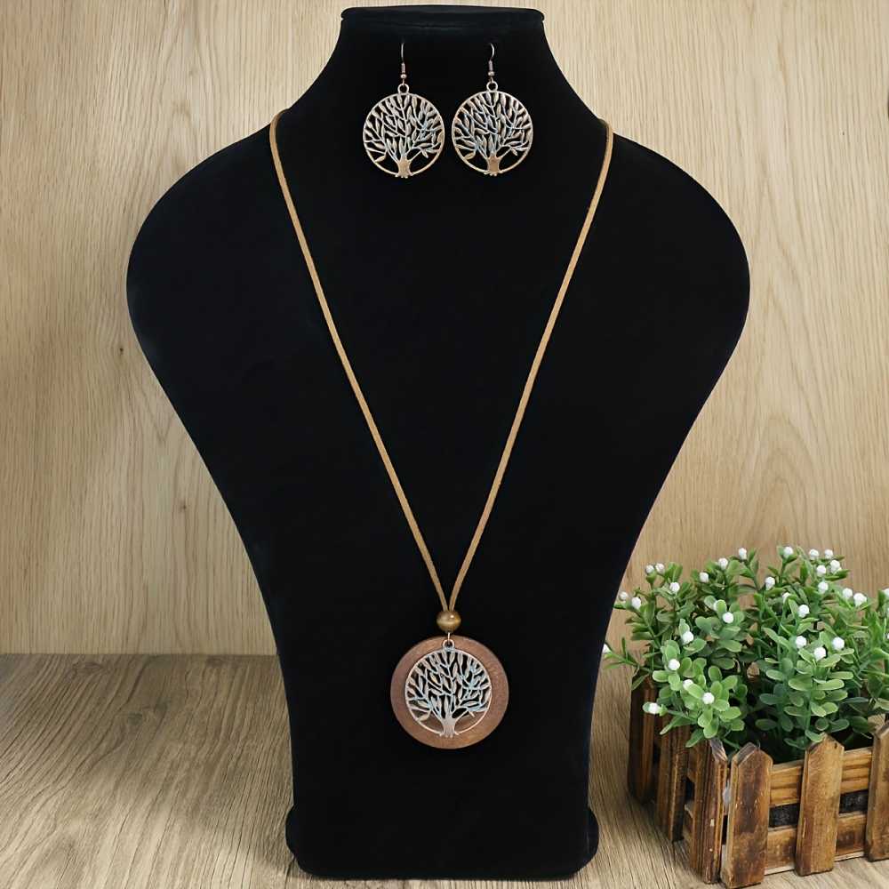 Boho Style Tree of Life Jewelry Set Earrings and Necklace for Daily Wear