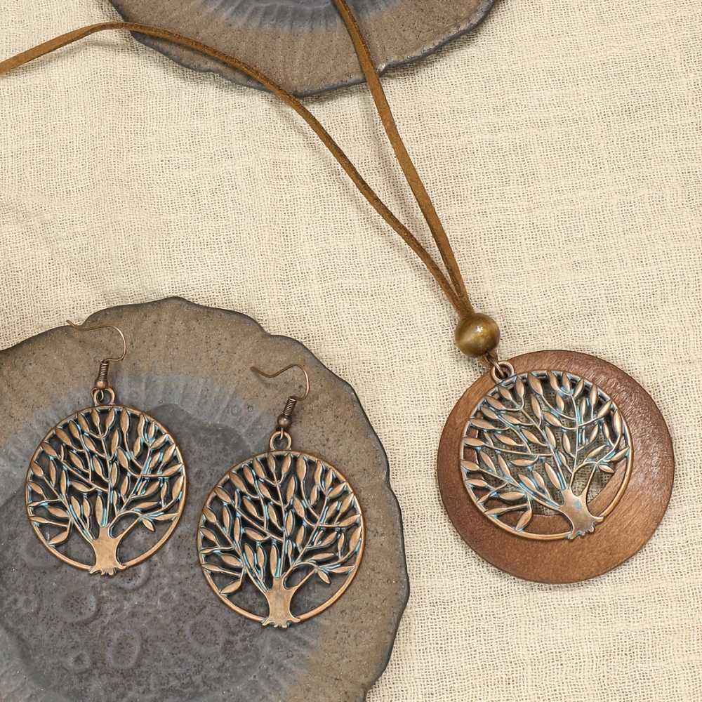 Boho Style Tree of Life Jewelry Set Earrings and Necklace for Daily Wear