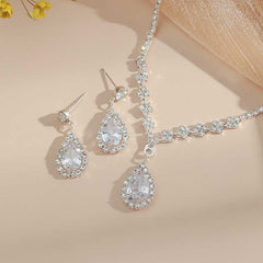 Water Drop Zirconia Decor Jewelry Set Silver Pendant Necklace & Earrings