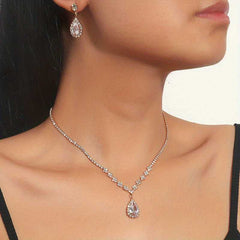 Water Drop Zirconia Decor Jewelry Set Silver Pendant Necklace & Earrings