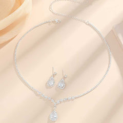 Water Drop Zirconia Decor Jewelry Set Silver Pendant Necklace & Earrings