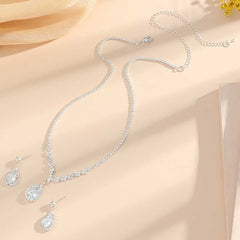 Water Drop Zirconia Decor Jewelry Set Silver Pendant Necklace & Earrings
